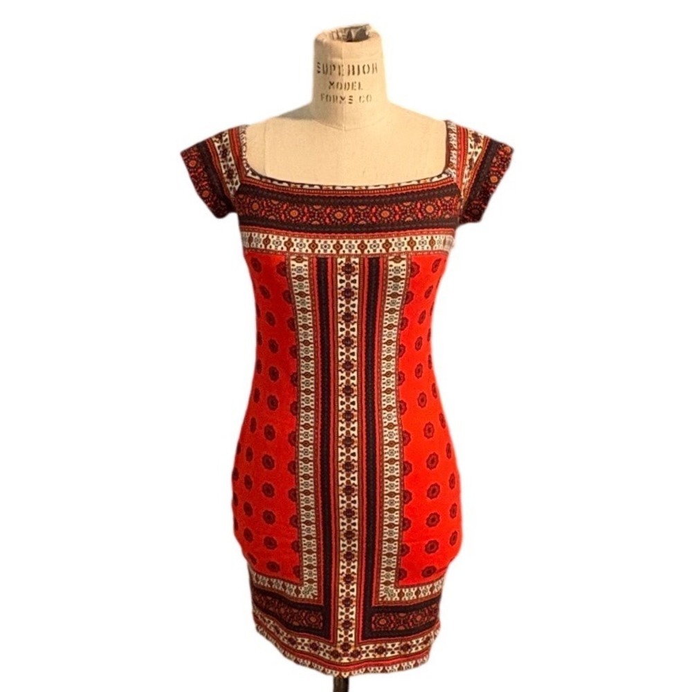 Orange Boho Bodycon Mini Dress Geometric Detail Euro Summer Vacation Going Out S